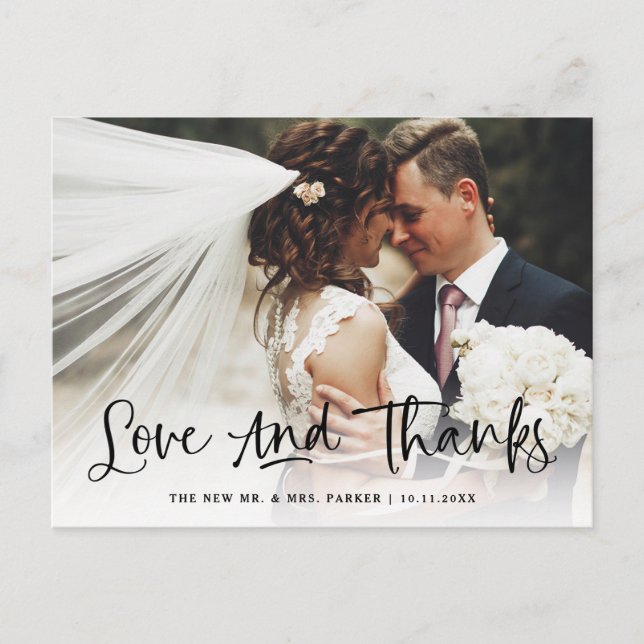 Love and Thanks | Casual Photo Wedding Thank You Postcard (Front)