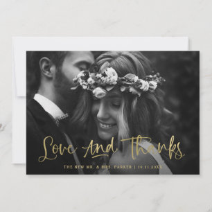 Love and Thanks Casual Script Gold Photo Wedding Thank You Card
