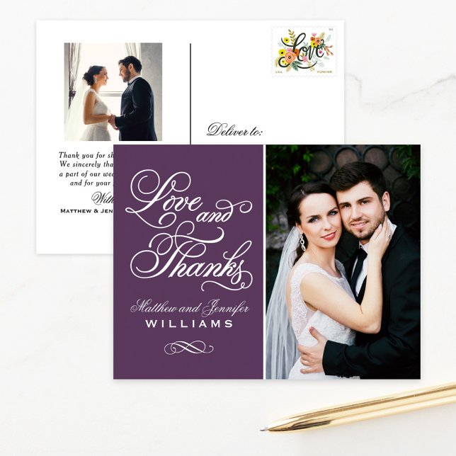 Love and Thanks Eggplant Wedding Photo Thank You Postcard (Creator Uploaded)