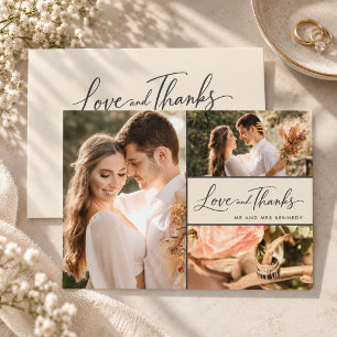 Love and Thanks Elegant Three Photo Wedding Thank You Card