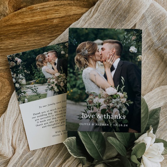 Love and Thanks | Elegant Two Photo Wedding Thank You Card (A simple and elegant wedding thank you card with room for two of your photos and a short note)