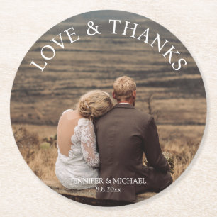 love and thanks,elegant typography wedding photo round paper coaster