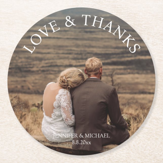 love and thanks,elegant typography wedding photo round paper coaster (Front)