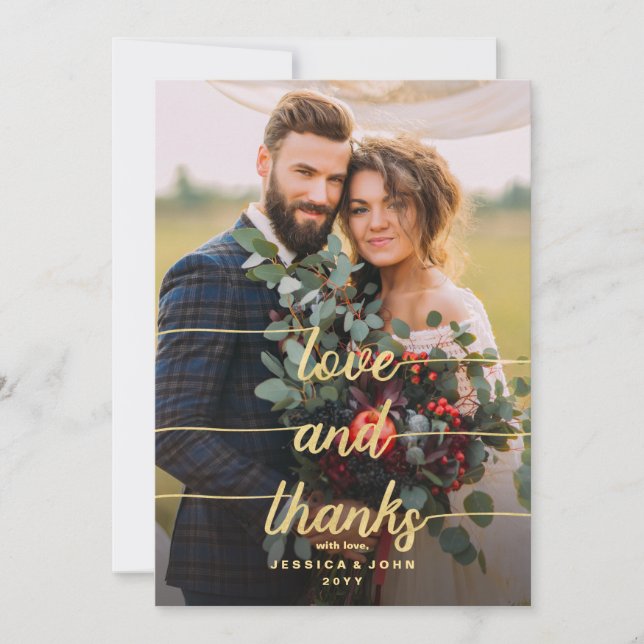 Love and Thanks Faux Gold Foil 2 Photo Wedding Thank You Card (Front)