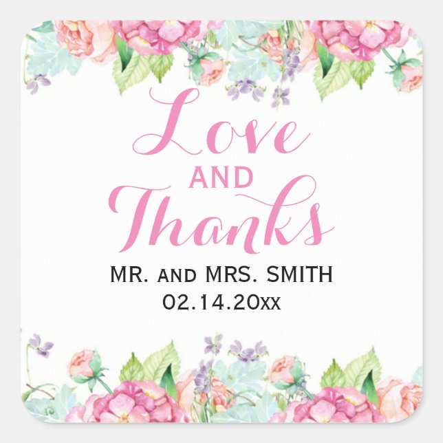 Love and Thanks Floral Watercolor Wedding Sticker (Front)