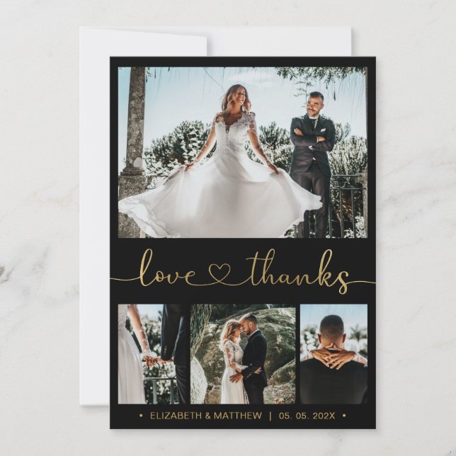 Love and Thanks Gold Heart Script 4 Photo Wedding Thank You Card (Front)