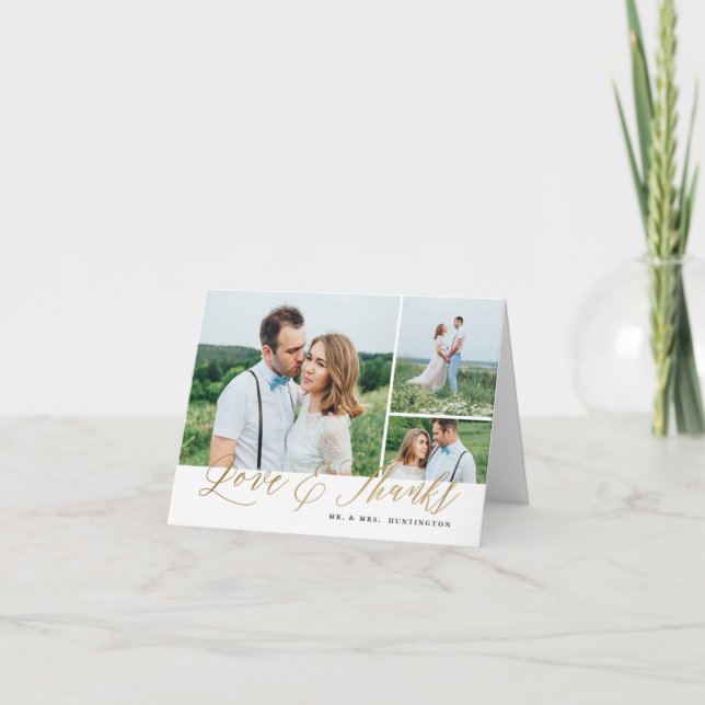 Love and Thanks Gold Script 3 Photo Wedding Thank You Card (Front)