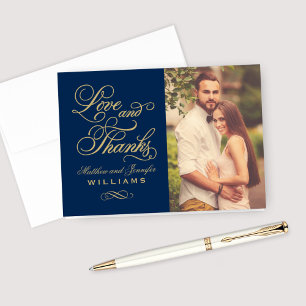 Love and Thanks Gold Script Navy Wedding Photo Thank You Card