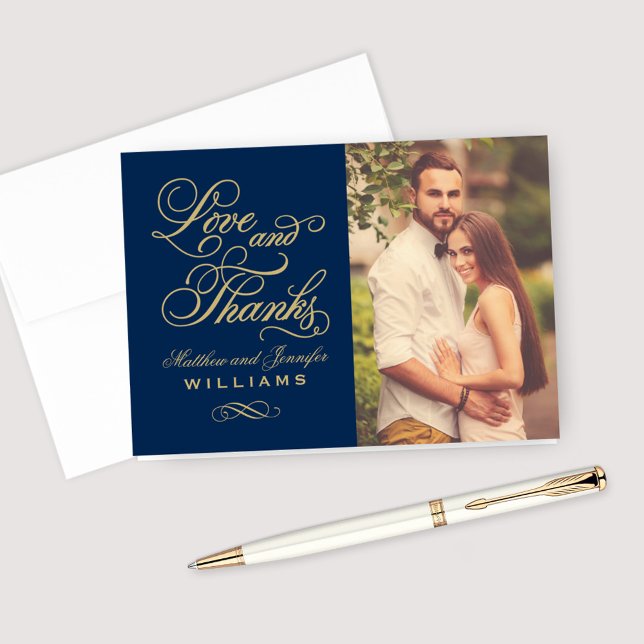 Love and Thanks Gold Script Navy Wedding Photo Thank You Card (Creator Uploaded)