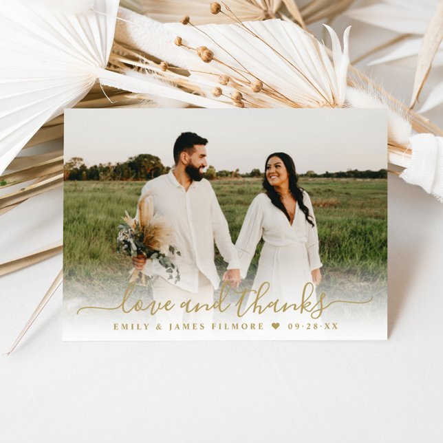 Love and Thanks Gold Script Wedding Photo Thank You Card (Creator Uploaded)