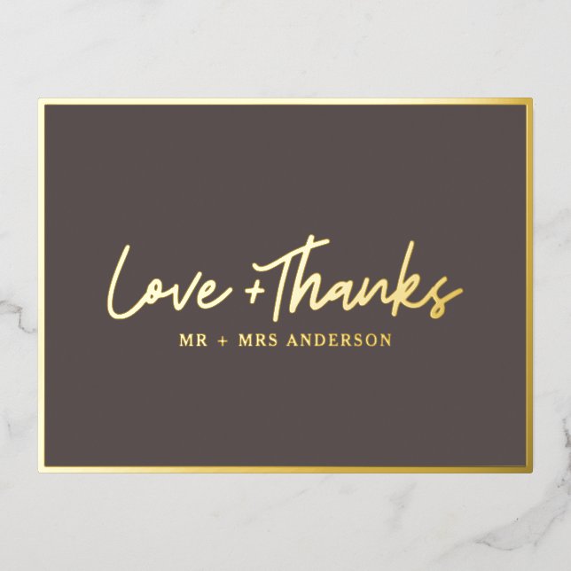 Love and Thanks Handwritten Script | Black Gold Foil Holiday Postcard (Front)