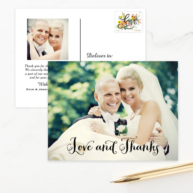 Love and Thanks Handwritten Script Wedding Photo Postcard (Creator Uploaded)