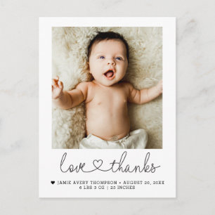 Love and Thanks Heart Baby Photo Birth Postcard