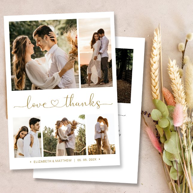 Love and Thanks Heart Script Photo Collage Wedding Thank You Card (Creator Uploaded)
