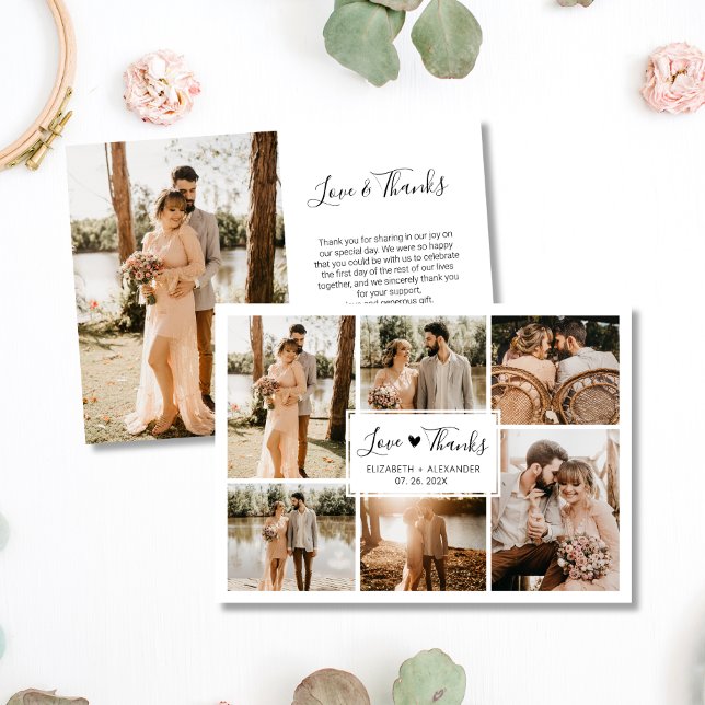 Love and Thanks Heart Wedding 6 Photo Collage Thank You Card (Creator Uploaded)