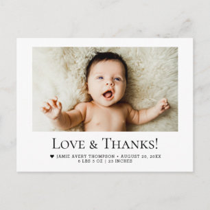 Love and Thanks Horizontal Baby Photo Birth Stats Postcard