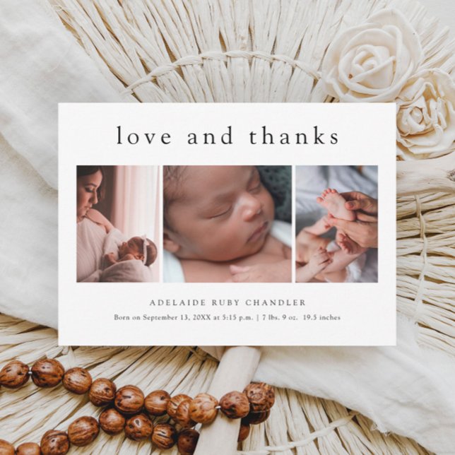 Love and Thanks Minimal 3 Photo Collage New Baby Thank You Card (Simple typographic love and thanks 3 photo birth announcement baby thank you card.)
