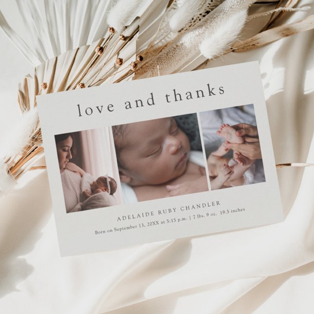 Love and Thanks Minimal 3 Photo Collage New Baby Thank You Card (Creator Uploaded)