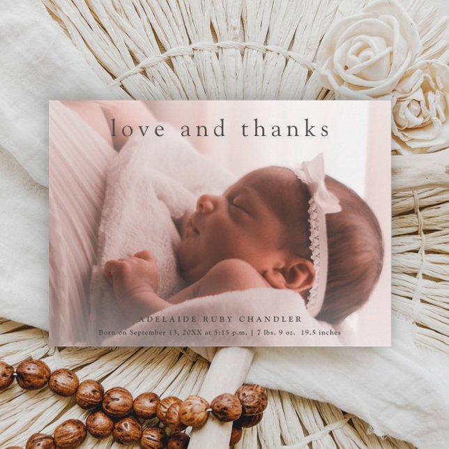 Love and Thanks Minimal Simple Photo Baby  Thank You Card (Simple typographic love and thanks full bleed baby photo birth announcement thank you card.)