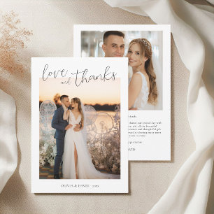 Love and Thanks Minimalist Script Wedding Photo Thank You Card