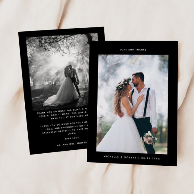 Love and Thanks Minimalist Wedding Photo Black Thank You Card (Creator Uploaded)