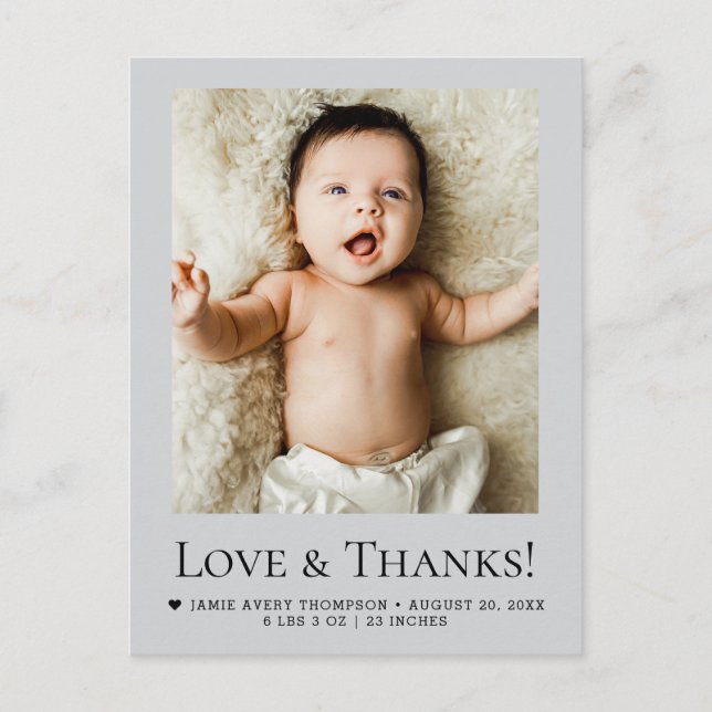 Love and Thanks Mod Grey Baby Photo Birth Postcard (Front)