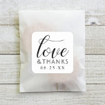 Love and Thanks Modern Black White Script Wedding Square Sticker<br><div class="desc">Modern and chic black and white wedding "Love and Thanks" favour stickers feature a stylish black typographic design with bold calligraphy script and elegant custom wedding date text that can be personalised.</div>