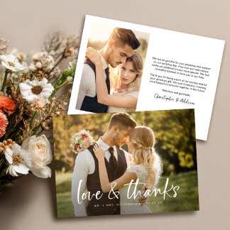 Love and Thanks Modern Minimalist 2 Photo Wedding Thank You Card