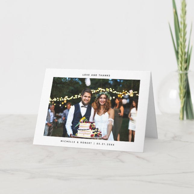 Love and Thanks Modern Minimalist Wedding Photo Thank You Card (Front)