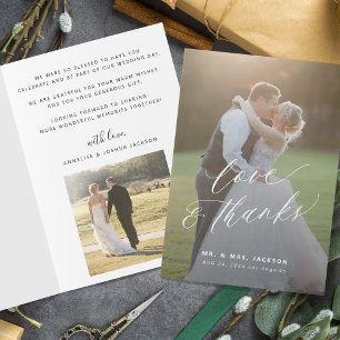 Love and thanks modern script 2 photos wedding thank you card