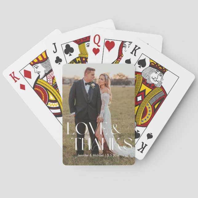 love and thanks  modern script wedding photo playing cards (Back)