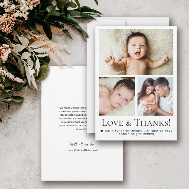 Love and Thanks Modern three photos baby Thank You Card (Love and thanks, modern 3 photo birth announcement baby shower thank you cards.)