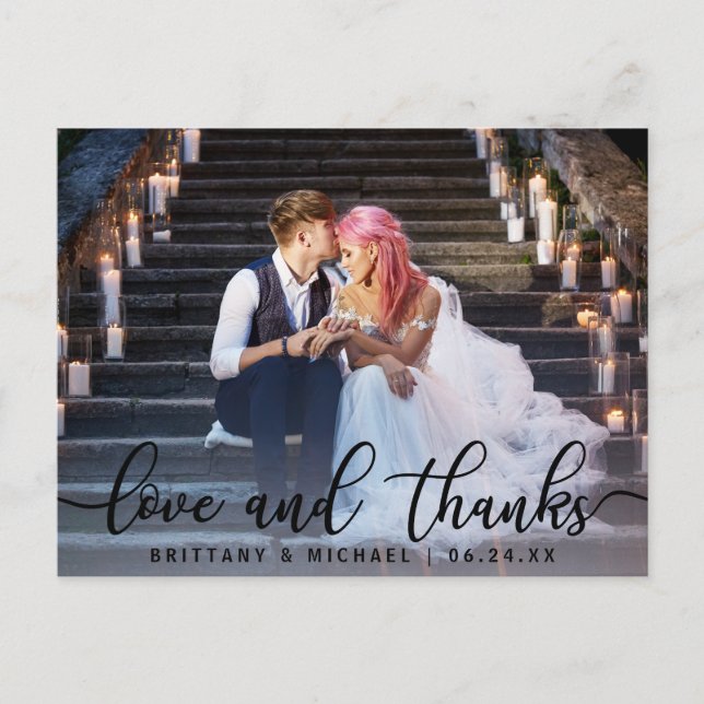 Love and Thanks | Modern Wedding Photo Thank You Postcard (Front)
