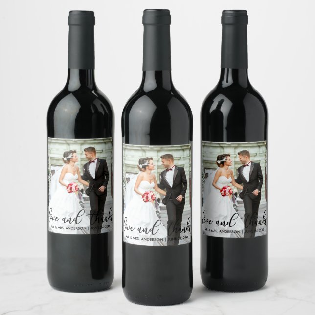 Love and Thanks Modern Wedding Photo Thank You SB Wine Label (Bottles)