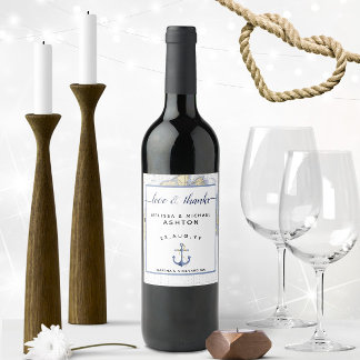 Love and Thanks Nautical Chart Anchor Wedding Wine Label