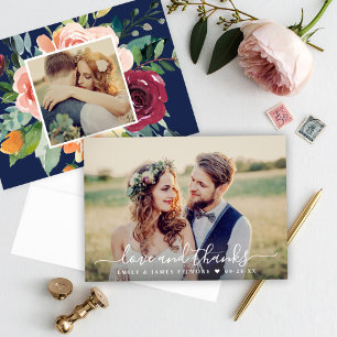 Love and Thanks Navy Floral Backing Photo Thank You Card