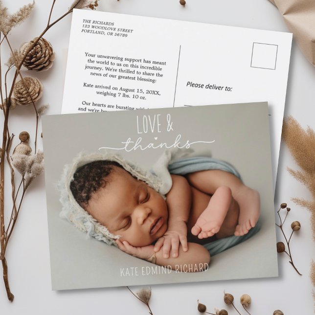 Love and Thanks Newbaby Photo Birth Announcement  Postcard (Creator Uploaded)