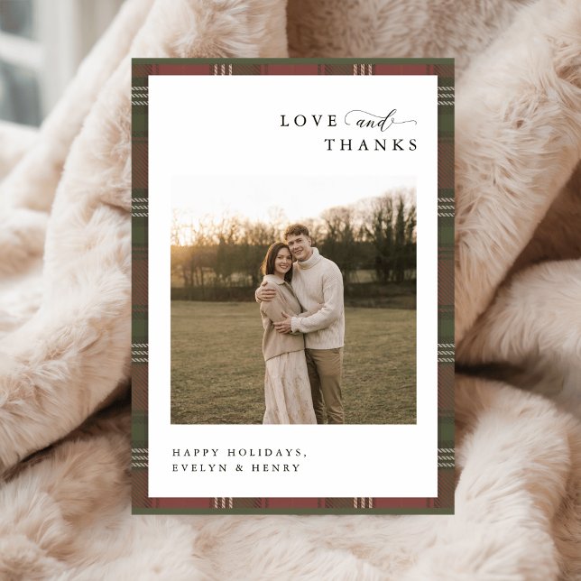 Love and Thanks | Newlywed Plaid Christmas Photo Thank You Card (Creator Uploaded)