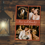 Love and Thanks Photo Collage Terracotta Wedding Thank You Card<br><div class="desc">Modern, Elegant "Love and Thanks" Script Terracotta Wedding 3 Photo Collage Thank You Card. Stylish, chic wedding thank you card template featuring three (3) photo on the front and one (1) photo on the back. With the text "Love and thanks" script in a swirly cursive hand lettered typography swash-tail font...</div>