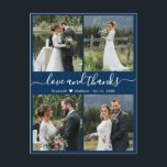 Love and Thanks Photo Collage Wedding Thank You Postcard<br><div class="desc">Elegant, minimalist navy and white hand written 4 photo collage personalised wedding thank you postcard. Stylish wedding thank you card template featuring four (4) photo on the front and one (1) photo on the back side. With the text "Love and thanks" in a swirly hand lettered typography swash tail font...</div>