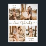 Love and Thanks Photo Collage Wedding Thank You Postcard<br><div class="desc">Elegant, minimalist gold and white hand written 4 photo collage personalised wedding thank you postcard. Stylish wedding thank you card template featuring four (4) photo on the front and one (1) photo on the back side. With the text "Love and thanks" in a swirly hand lettered typography swash tail font...</div>