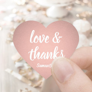 Love and Thanks Pink Rose Gold Faux Foil Thank You Heart Sticker