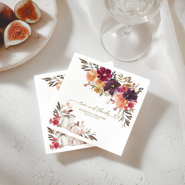 Love And Thanks Pumpkin Burgundy Floral Wedding Napkin (Creator Uploaded)