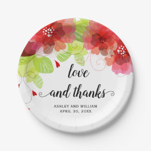 Love and thanks red flowers, floral wedding paper plate