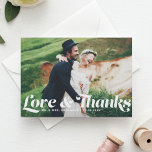 Love and Thanks Retro Script Photo Wedding<br><div class="desc">Thank your guests in style with our customizable photo wedding thank you card, featuring the phrase "Love & Thanks" in charming retro script. This photo thank you card beautifully combines personal sentiment with a touch of vintage flair. Showcase your favorite wedding photo, allowing you to share a glimpse of your...</div>