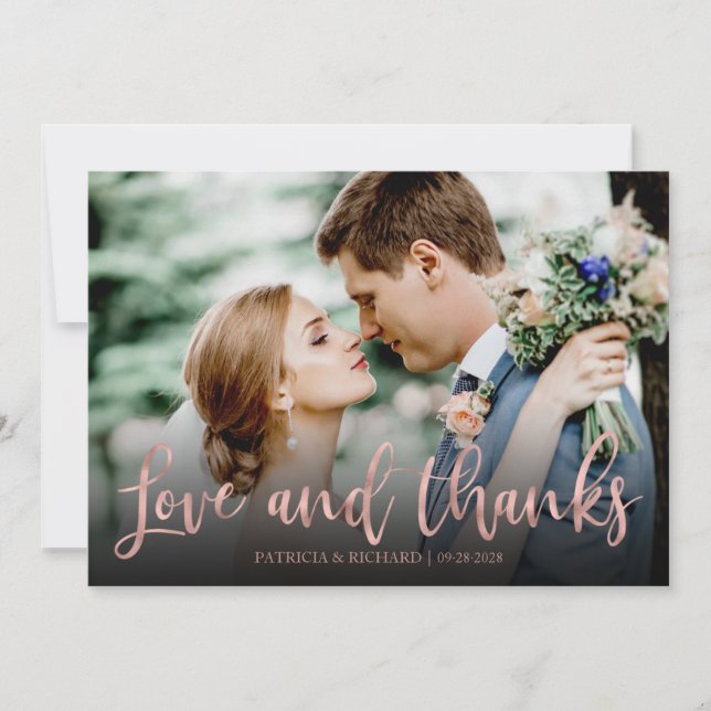 Love And Thanks Rose Gold Photo Wedding Thank You Card (Front)