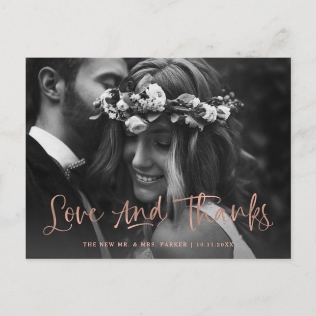 Love and Thanks Rose Gold Photo Wedding Thank You Postcard (Front)