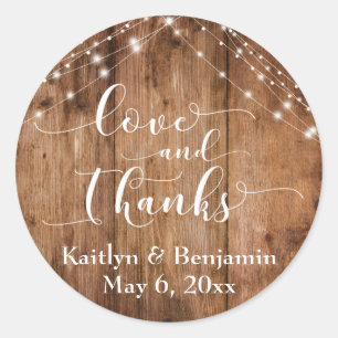 Love and Thanks, Rustic Brown Wood & Lights Classic Round Sticker