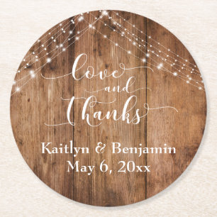 Love and Thanks, Rustic Brown Wood & Lights Round Paper Coaster