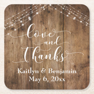 Love and Thanks, Rustic Brown Wood & Lights Square Paper Coaster